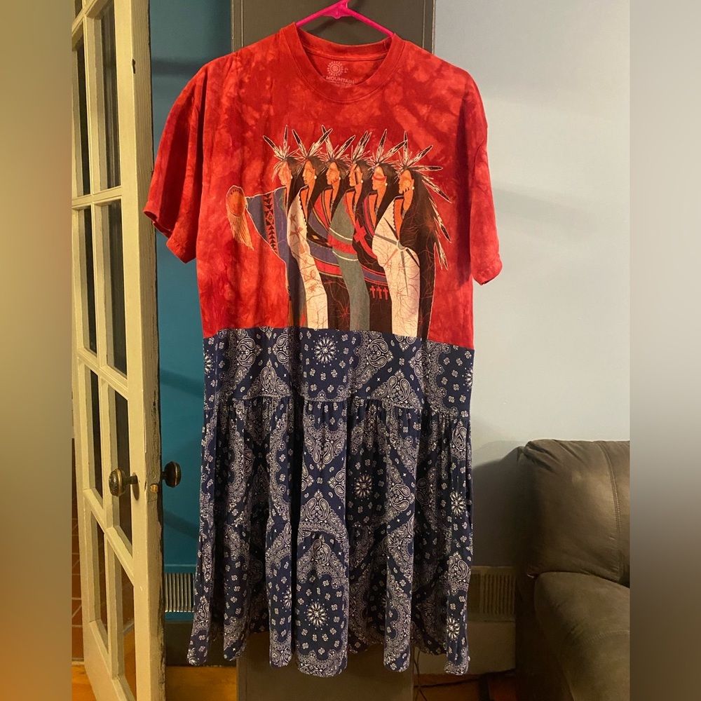 OOAK Upcycled Red Tie-Dye Native Graphic Tiered Dress with Navy Bandana Skirt